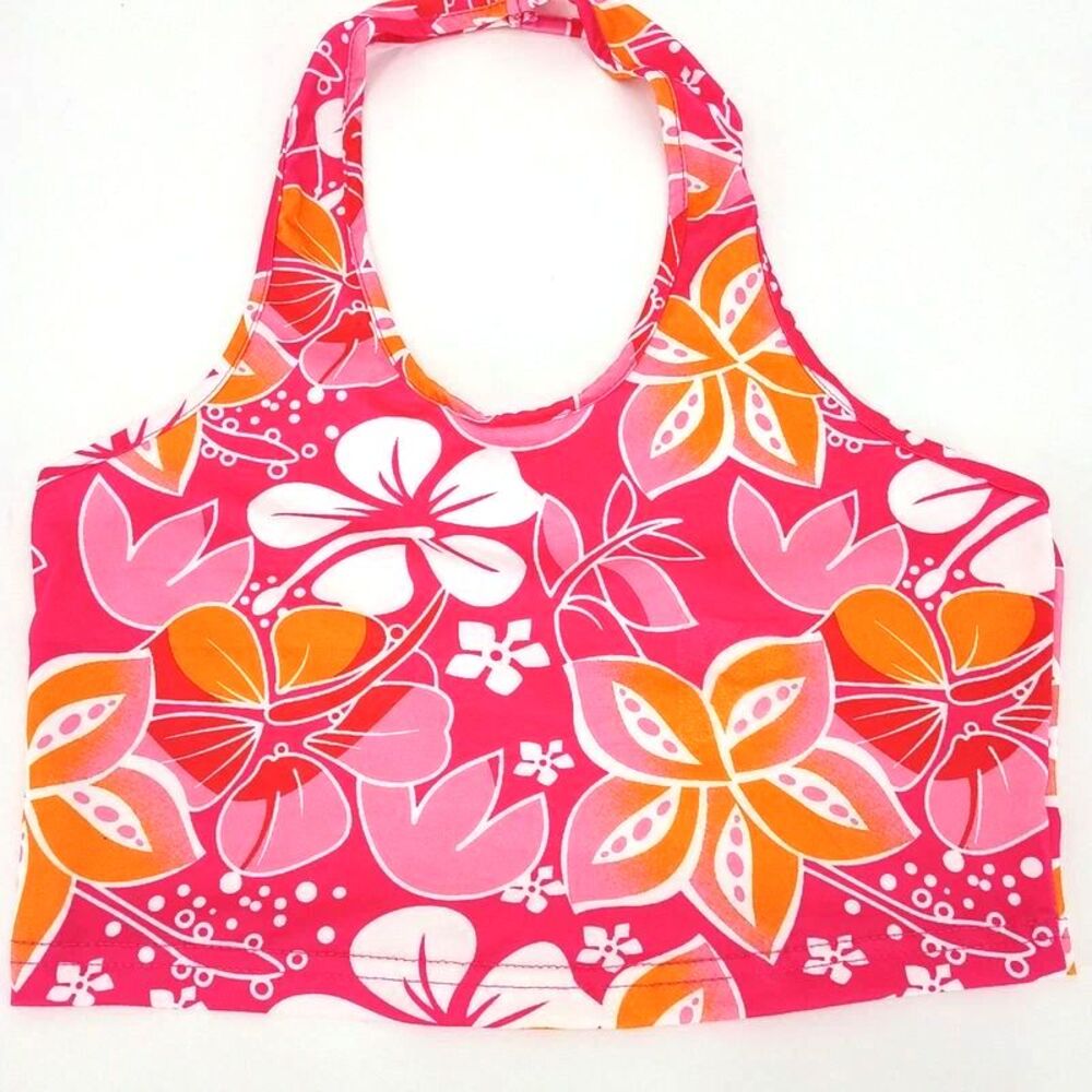 girly Tropical Hibiscus Print Halter Top Small Pink & Orange - New